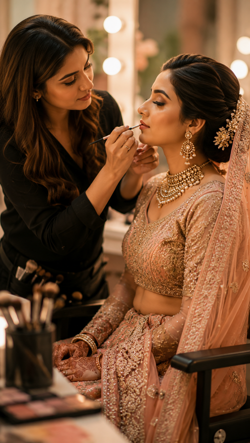 Makeup artist preparing a bride